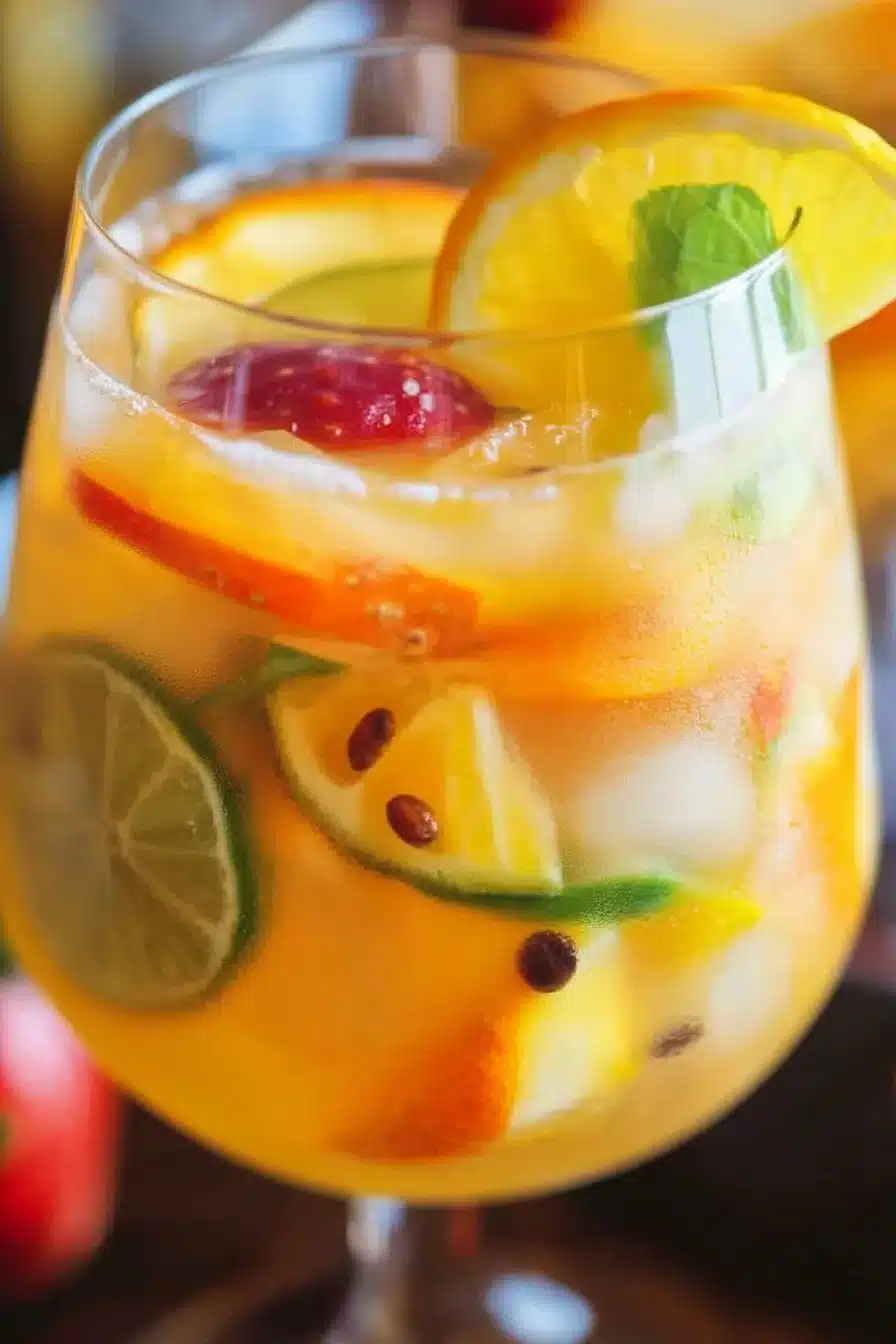 A refreshing tropical white wine sangria topped with fresh fruits in a glass.