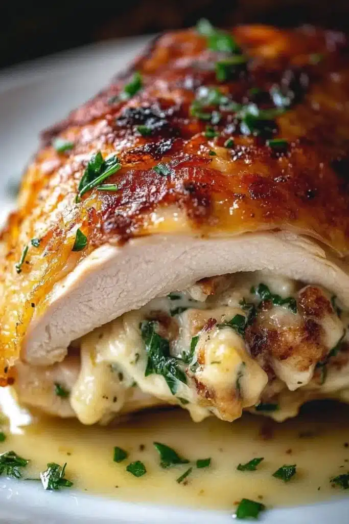 Ruth's Chris Stuffed Chicken 1 Current image: Plate of Ruth's Chris Stuffed Chicken garnished with herbs and sides