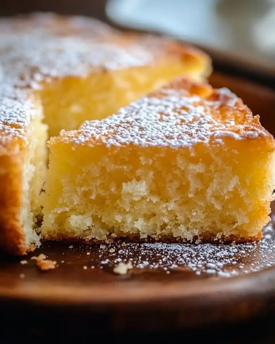 Deliciously soft sticky butter cake topped with icing and served on a plate