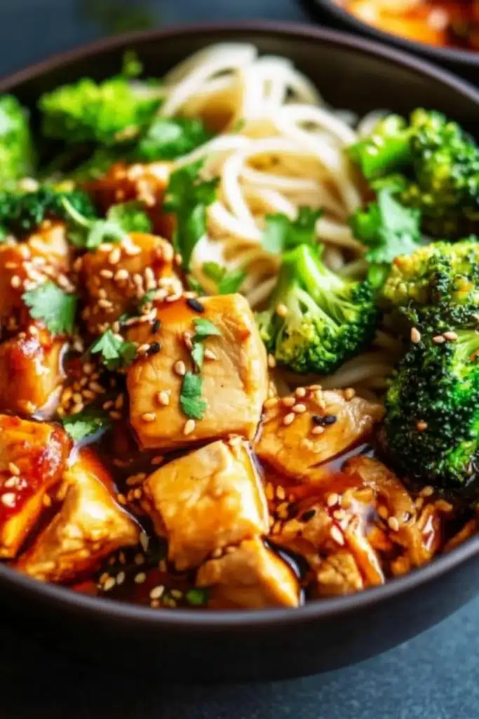 Current image: Spicy Garlic Chicken and Broccoli Noodle Bowls served in a bowl