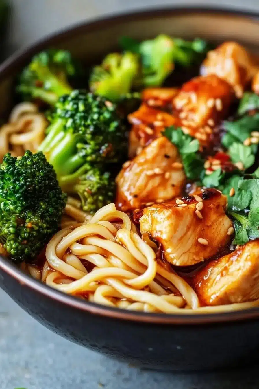 Spicy Garlic Chicken and Broccoli Noodle Bowls