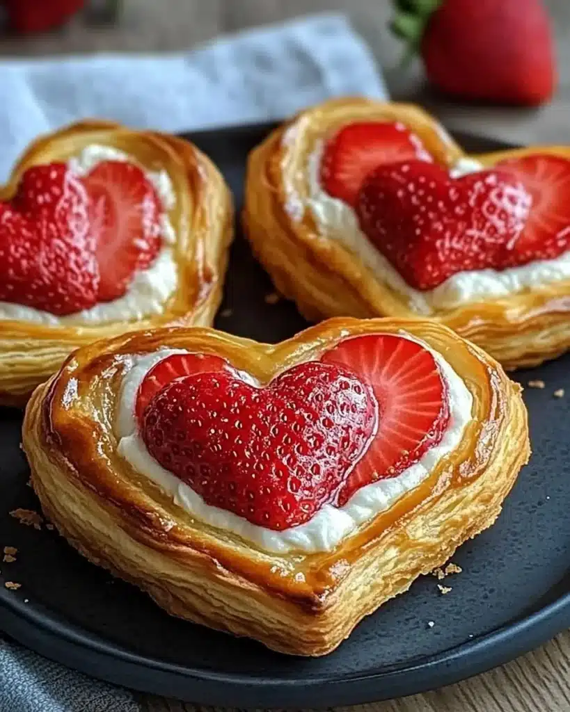 Strawberry Cream Cheese Heart Danishes 4 Current image: Heart-shaped Strawberry Cream Cheese Danishes on a plate