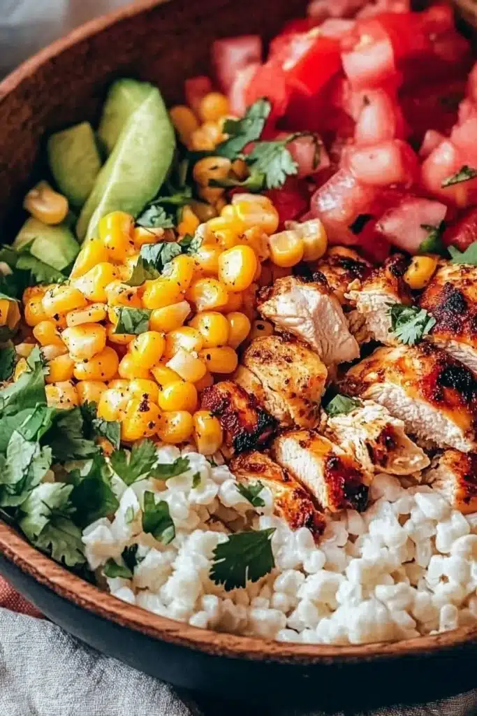 Current image: Delicious Street Corn Chicken Bowl topped with vibrant ingredients