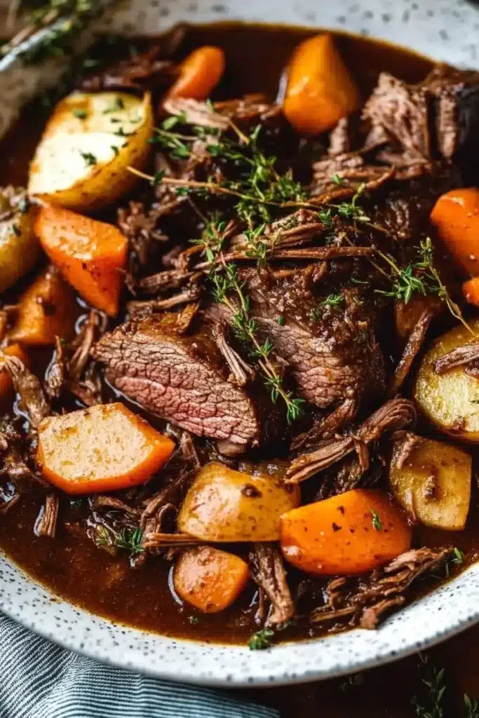 Current image: Tender beef roast cooked in a slow cooker with vegetables