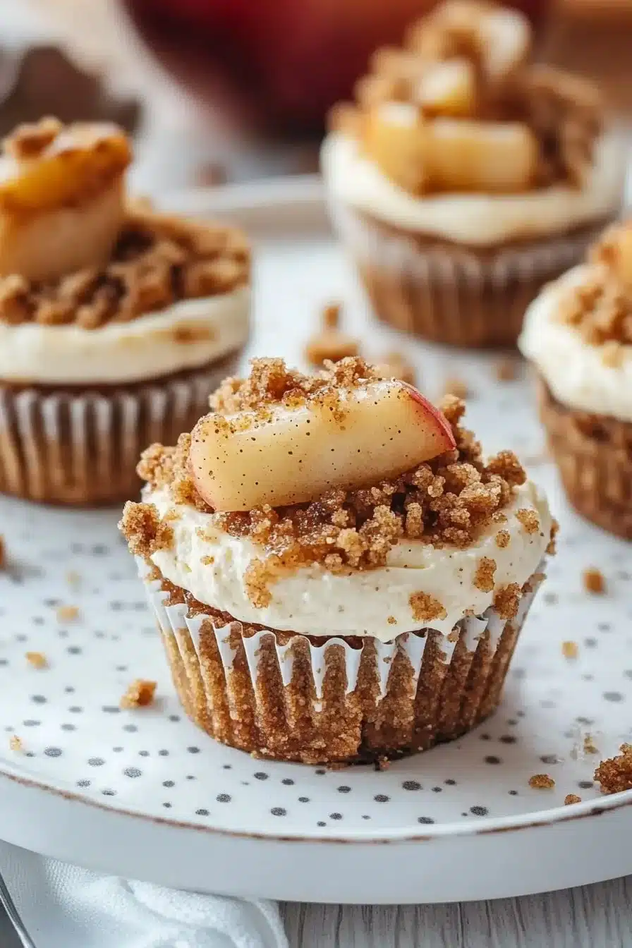 Thanksgiving Apple Crisp Mini Cheesecakes topped with apple slices and crumb topping