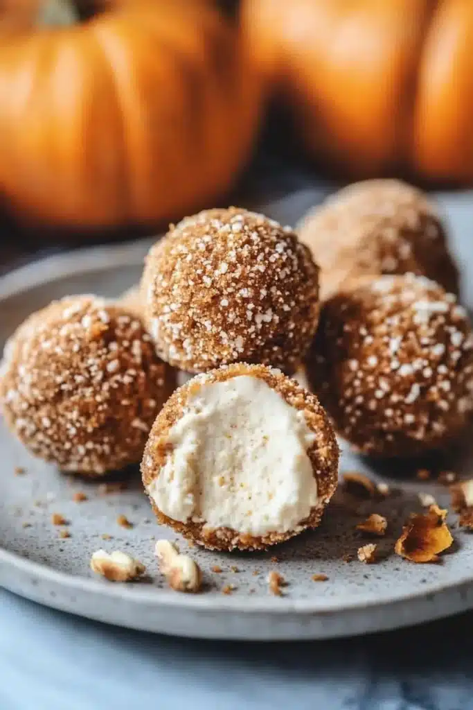 Current image: No-bake pumpkin cheesecake balls on a festive Thanksgiving table