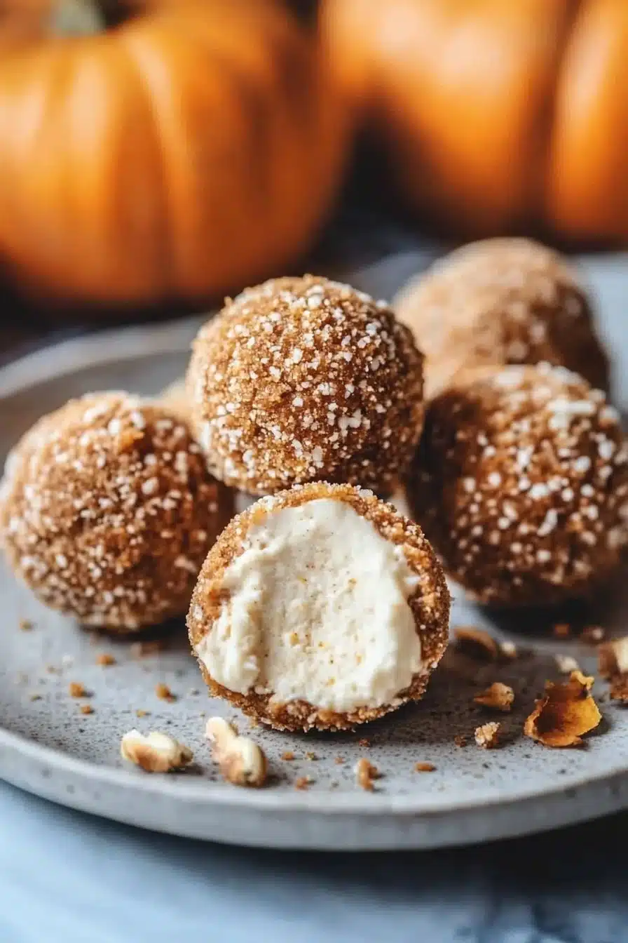 No-bake pumpkin cheesecake balls on a festive Thanksgiving table