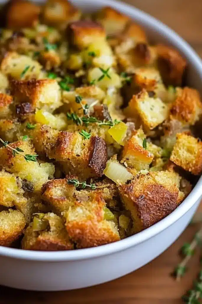 Thanksgiving Stuffing 4 Current image: Delicious Thanksgiving stuffing served in a festive holiday setting.