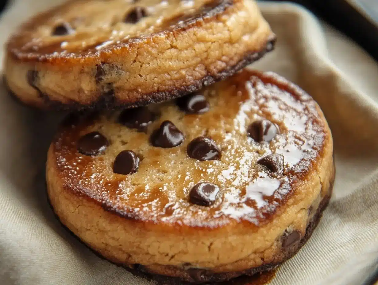 Ultra thick bakery style chocolate chip cookies fresh from the oven.