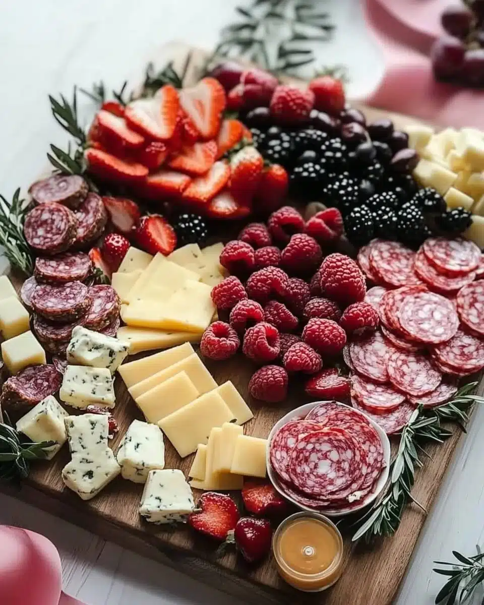 Valentine's Day cheese snack board with assorted cheeses, fruits, and decorations