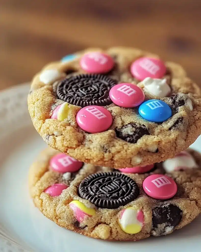 Current image: Valentine's Day Oreo M&M's Cookies topped with colorful candies and hearts