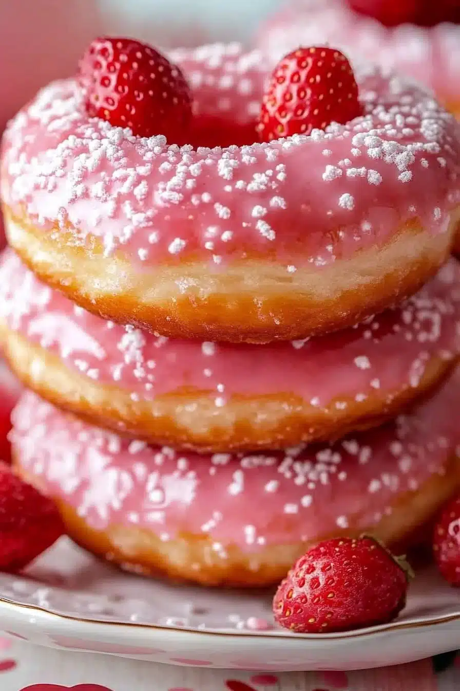 Valentine's Day strawberry donuts decorated with pink icing and heart-shaped sprinkles
