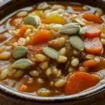 Bowl of hearty Vegetable Barley Soup filled with colorful vegetables and barley grains.