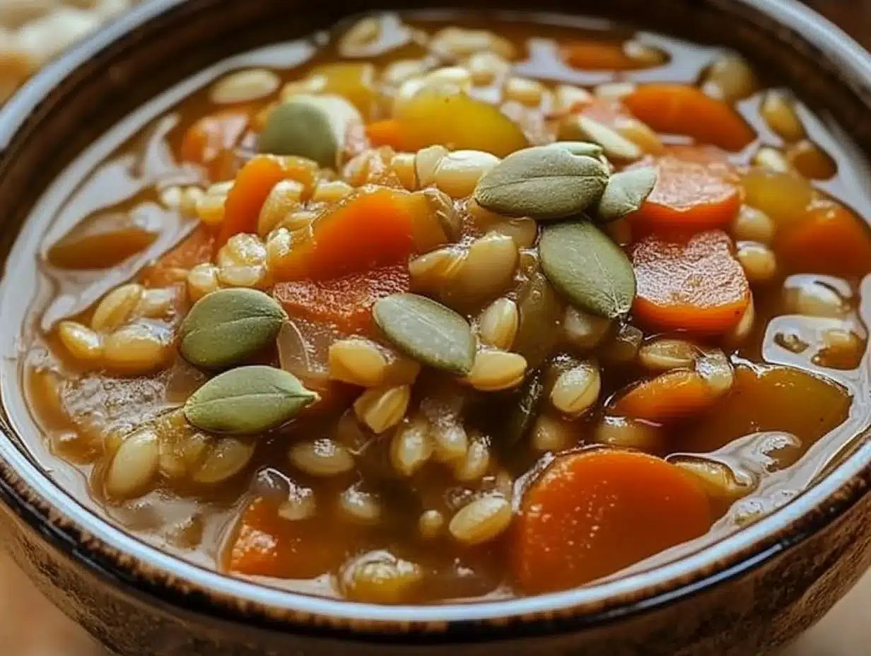 Bowl of hearty Vegetable Barley Soup filled with colorful vegetables and barley grains.