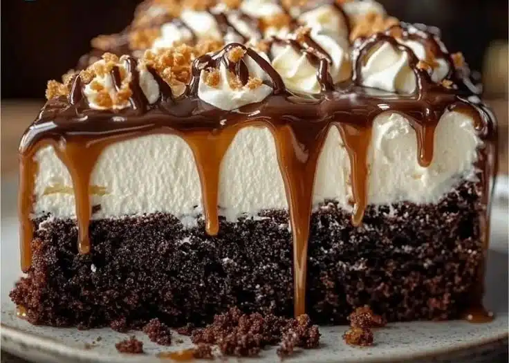 Vintage Better Than Sex Cake drizzled with chocolate and whipped cream