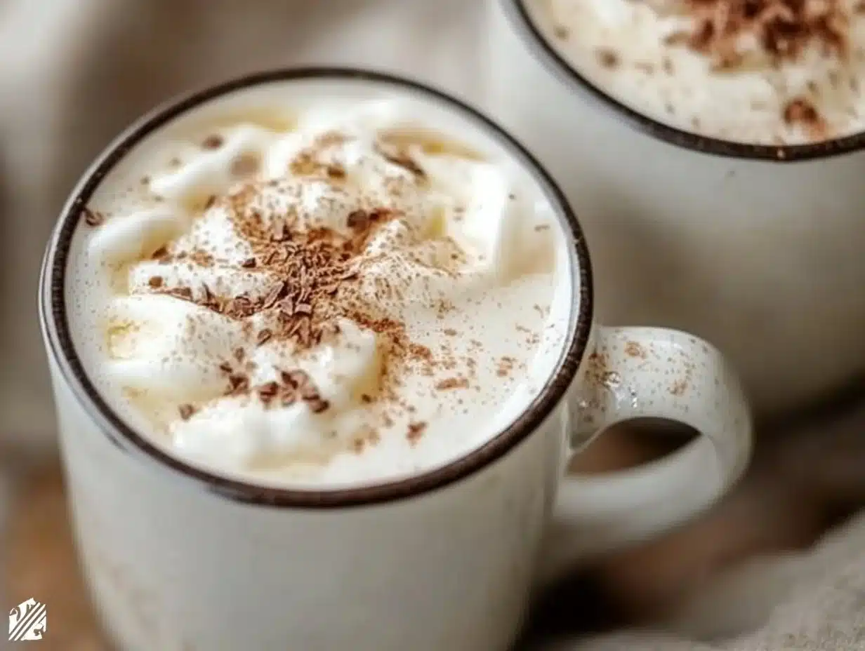 Delicious and creamy white hot chocolate in a festive mug