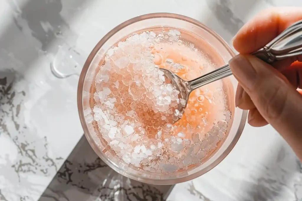 3 Ingredient Pink Salt Recipe The Morning Trick for Weight Loss, Detox, and All-Day Energy 13 Stirring the 3 ingredient pink salt recipe in a glass with a spoon