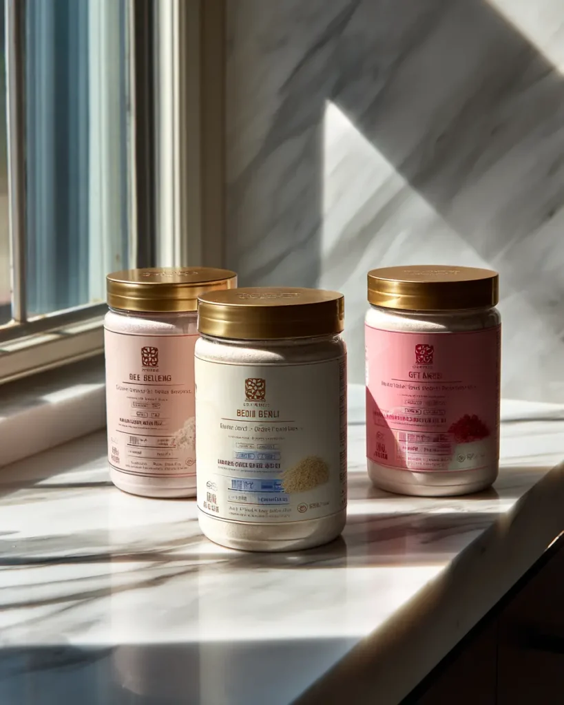 Grass-fed beef gelatin powder containers from premium brands