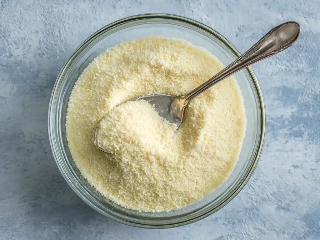 Thick spongy bloomed gelatin in bowl after 5 minutes hydration