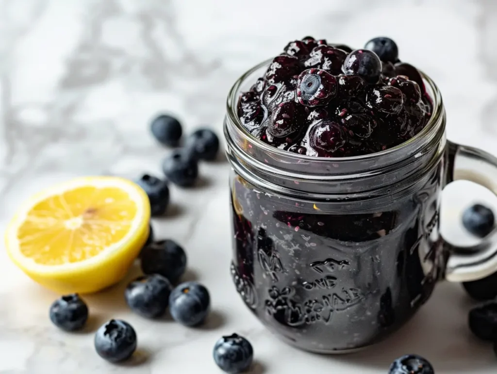 Blueberry lemon chia jelly in jar with fresh blueberries and lemon slice