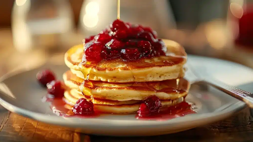  Chia jam recipe with no sugar drizzled over fluffy pancakes