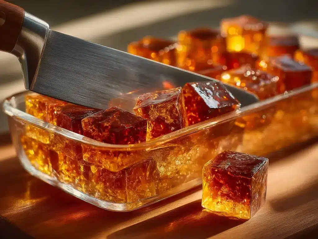 Cutting set gelatin into 1-inch cubes for serving