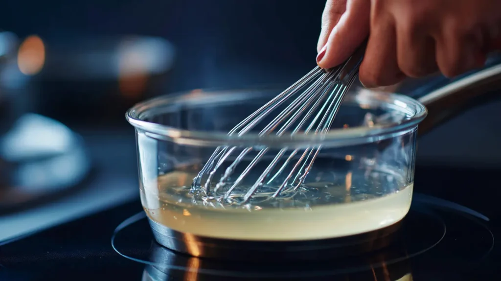  Clear liquid gelatin being whisked in small saucepan over low heat