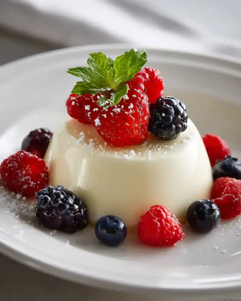 Creamy vanilla panna cotta wobbling on white plate with berry sauce