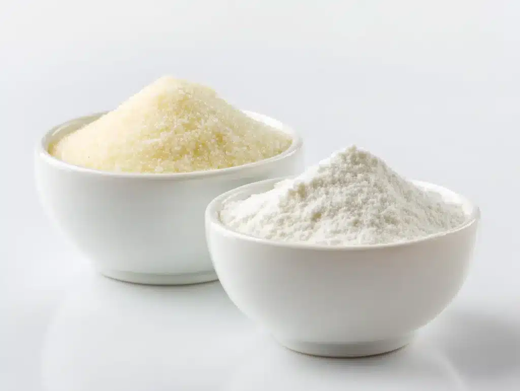 Side by side comparison of gelatin powder and agar powder in bowls
