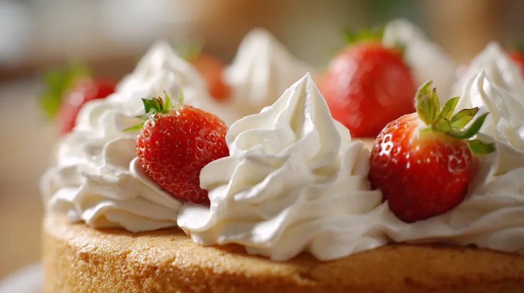 Fluffy stabilized whipped cream piped onto cake with fresh strawberries