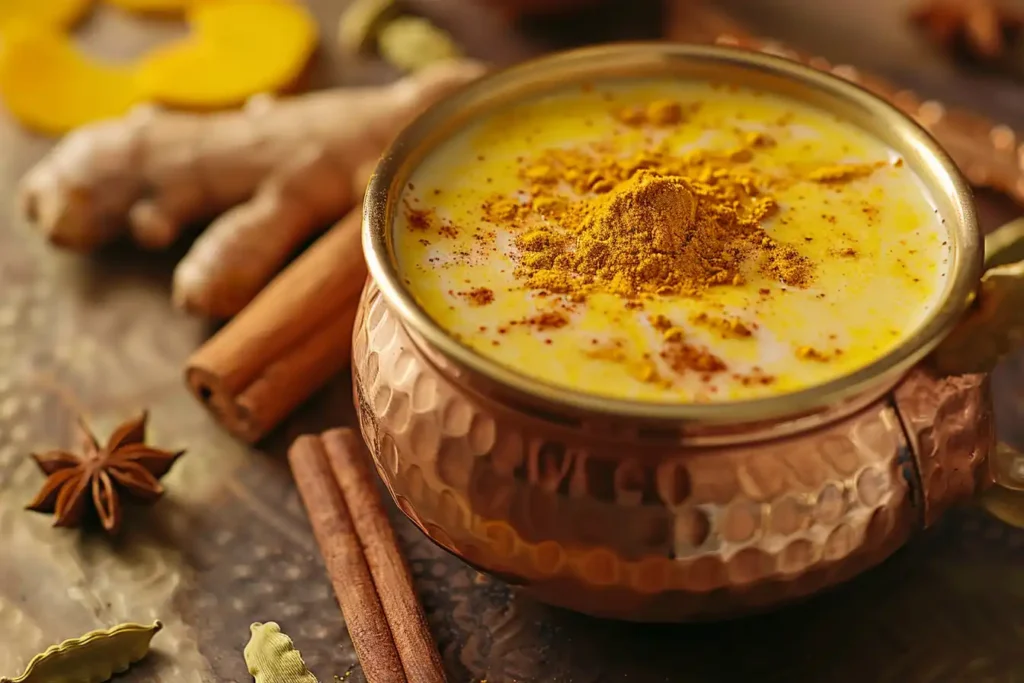  Traditional golden milk recipe ayurveda style with whole spices and fresh turmeric