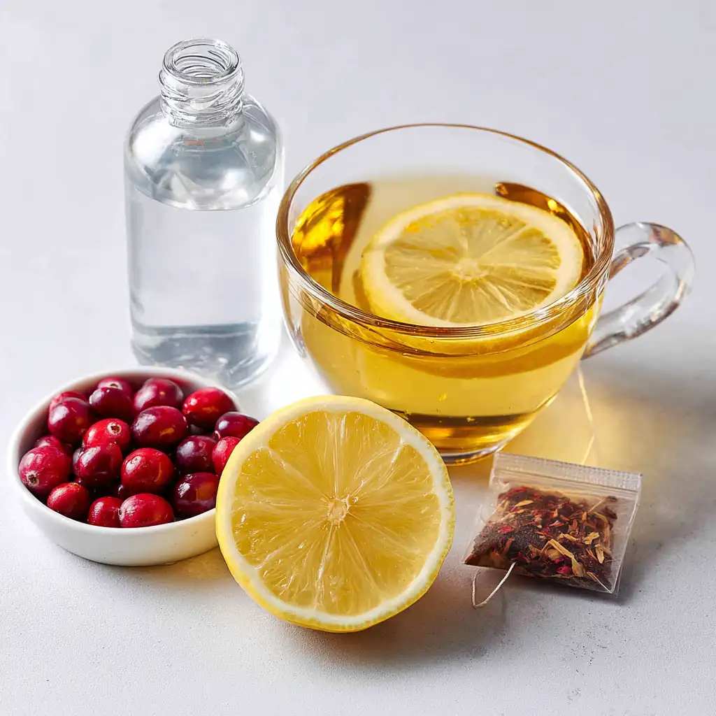 Dandelion root tea bag, cranberry juice, lemon and distilled water for