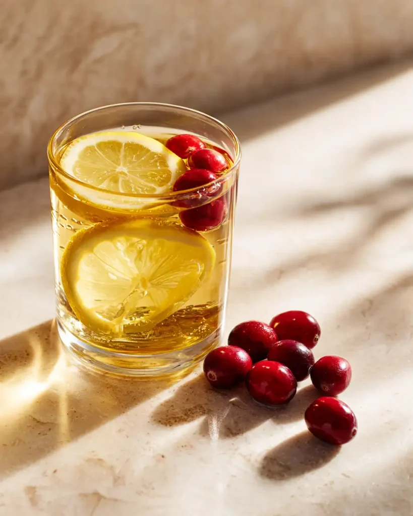 Current image: Jillian Michaels detox water recipe in a glass with lemon and cranberry