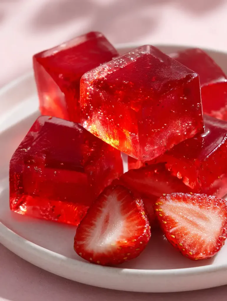Current image: Kelly Clarkson gelatin recipe with strawberry gelatin cubes on white plate
