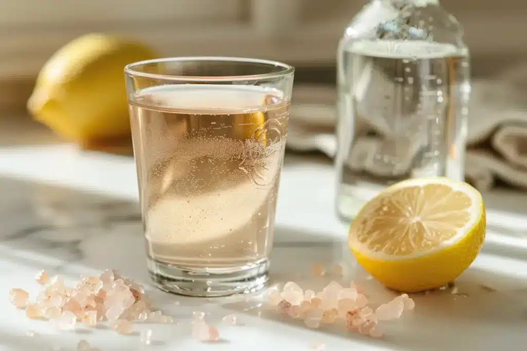 3 Ingredient Pink Salt Recipe The Morning Trick for Weight Loss, Detox, and All-Day Energy 16 Pink salt trick recipe with apple cider vinegar in a glass with lemon