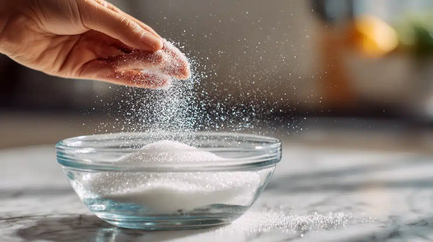 Unflavored gelatin powder being sprinkled over cold water in glass bowl for blooming