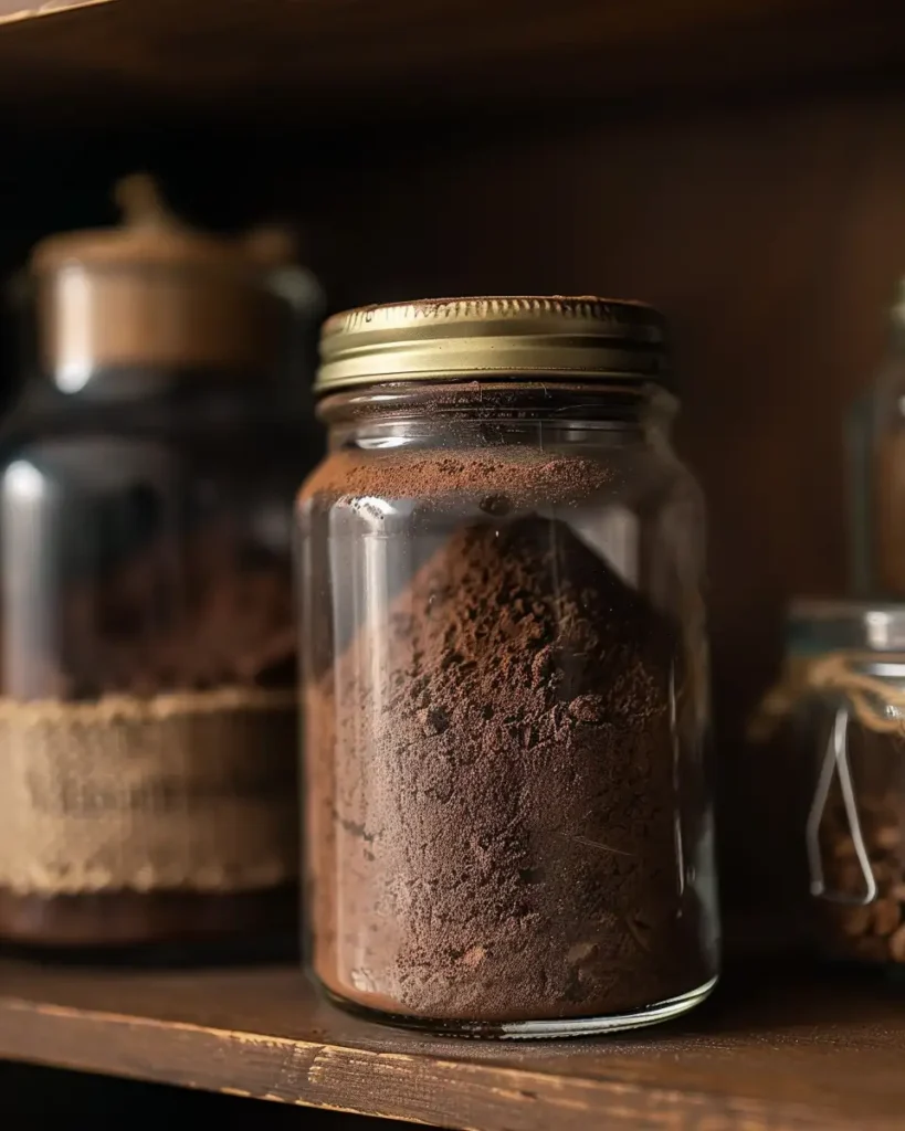  baking cocoa powder stored in glass airtight container pantry shelf
