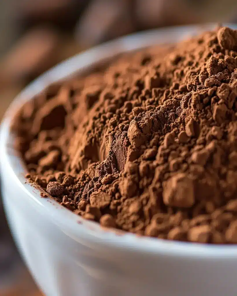 baking cocoa powder texture in small white bowl close up detail