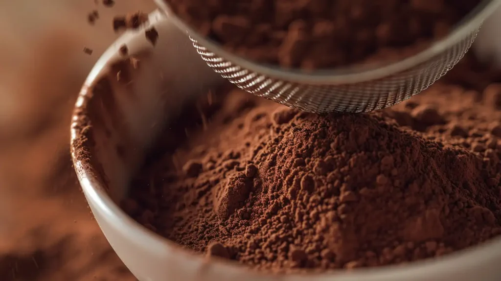 Current image: baking cocoa powder sifted into white ceramic bowl close up