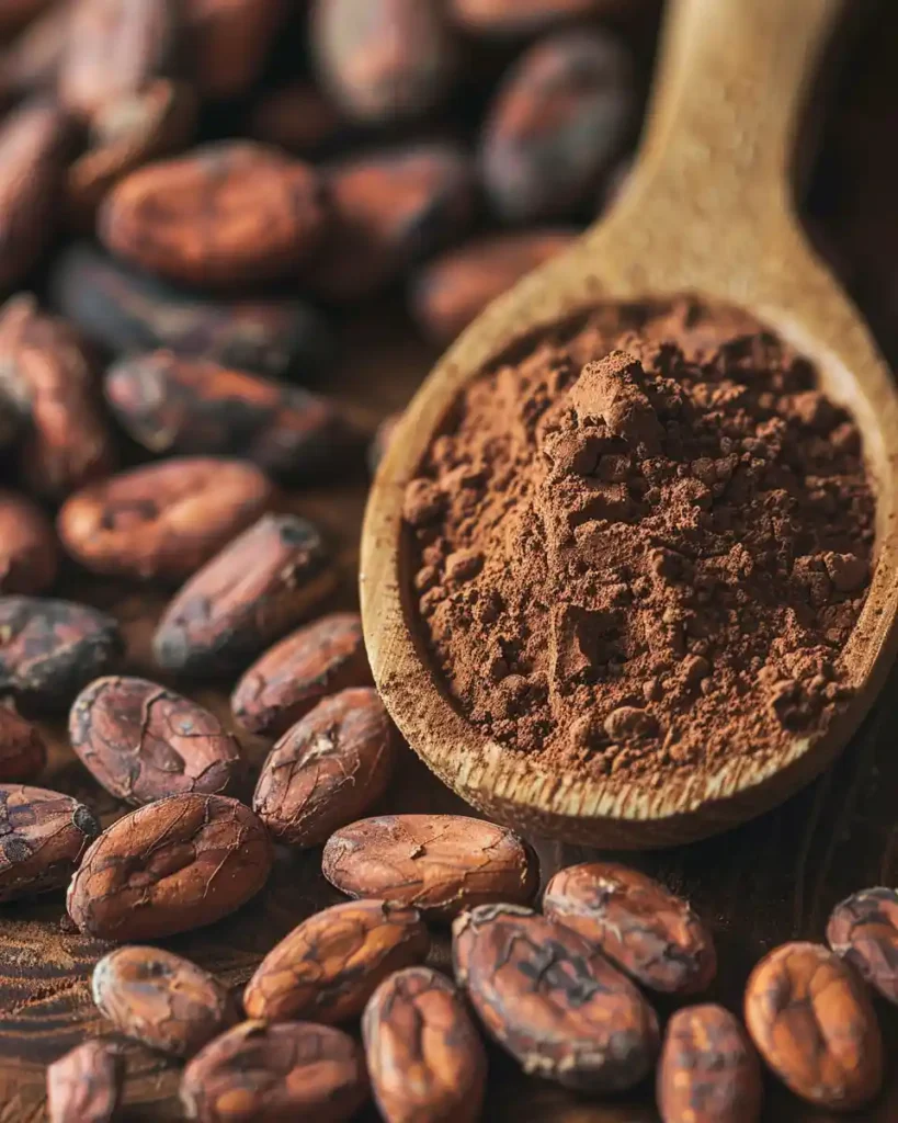 baking cocoa powder spoon with cacao beans close up health benefits