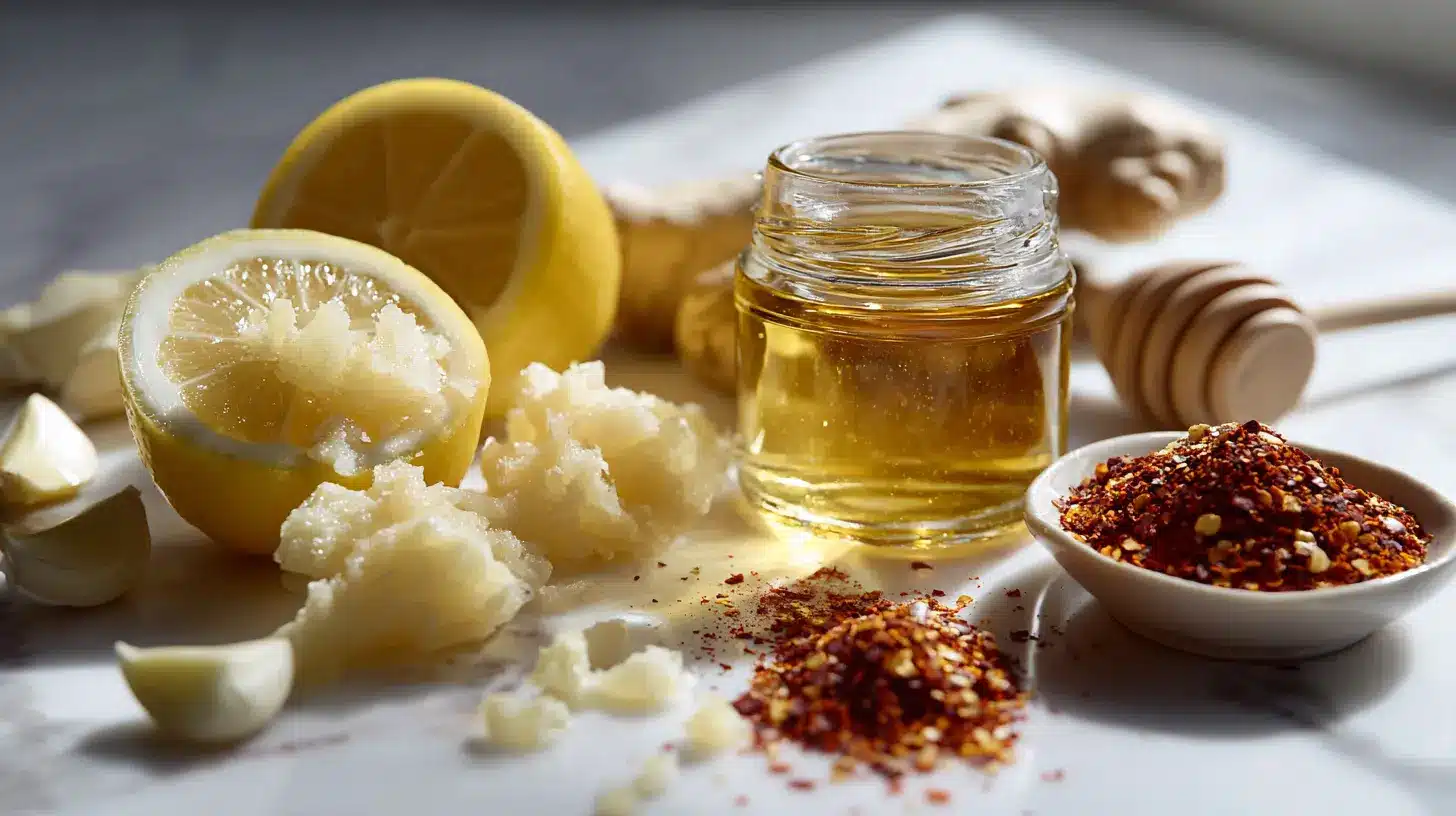 Fresh garlic cloves, ginger root, lemon, raw honey, and cayenne pepper arranged for Barbara O'Neill flu bomb recipe