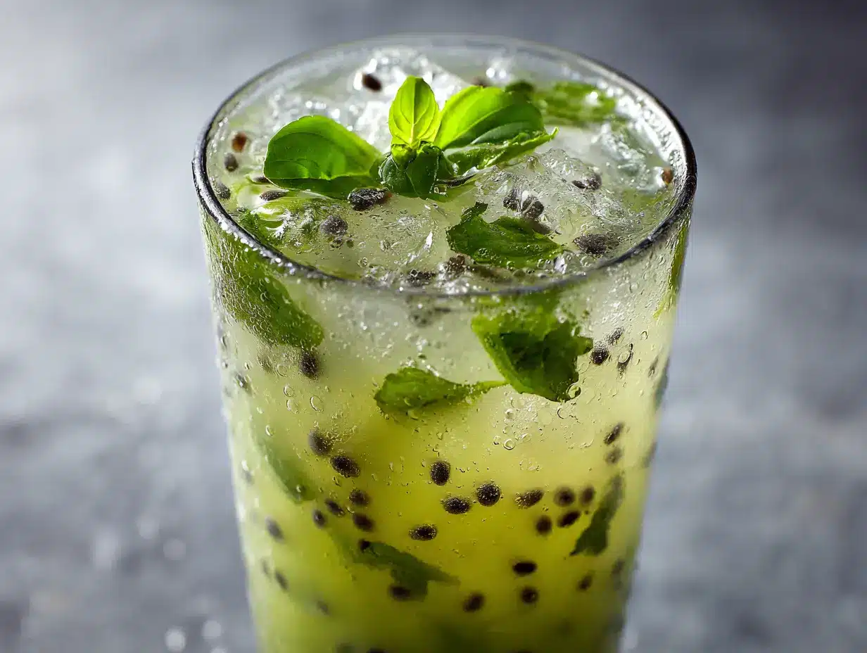 Basil seed drink in a tall clear glass with ice and mint garnish