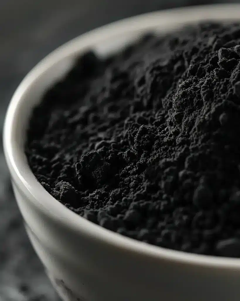 black cocoa powder in white bowl close up baking