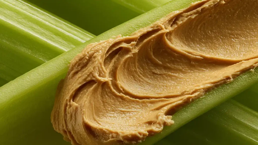 Celery with Peanut Butter Recipe: The Perfect 5-Minute Healthy Snack 16 Celery and peanut butter high protein healthy snack closeup