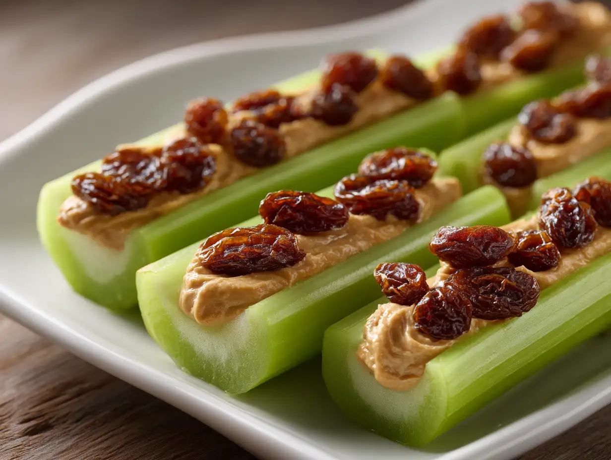 Celery sticks with peanut butter and raisins on white plate ready to eat
