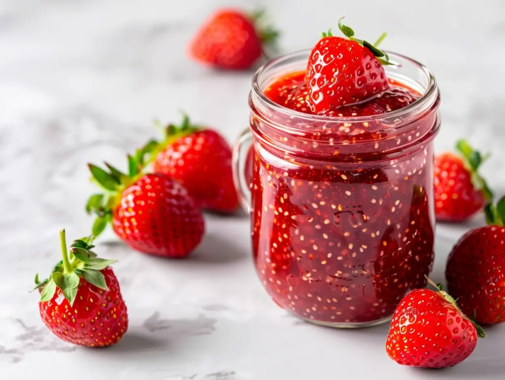 Current image: Chia jelly recipe in glass jar with fresh strawberries on counter
