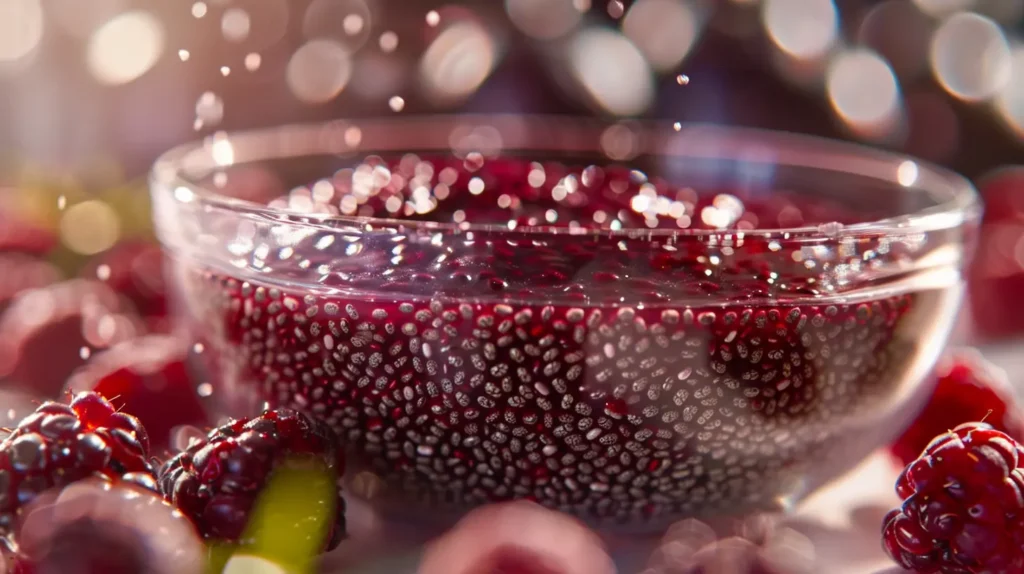 Chia seeds soaking in berry juice forming gel for chia jelly recipe