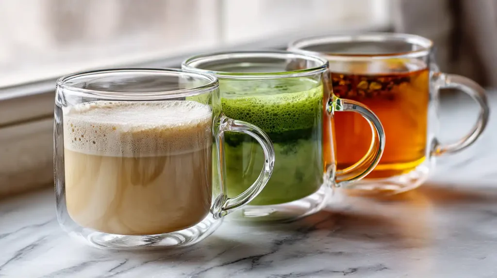 Healthy coffee alternatives including matcha latte and herbal tea