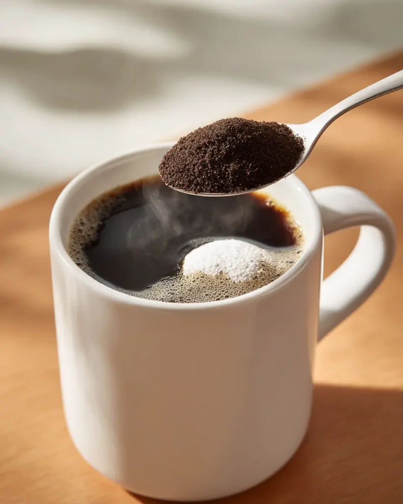 Collagen peptides dissolving instantly in a cup of black morning coffee