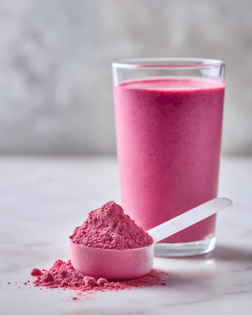 Collagen peptides supplement scoop beside a smoothie  supporting skin and joint health daily